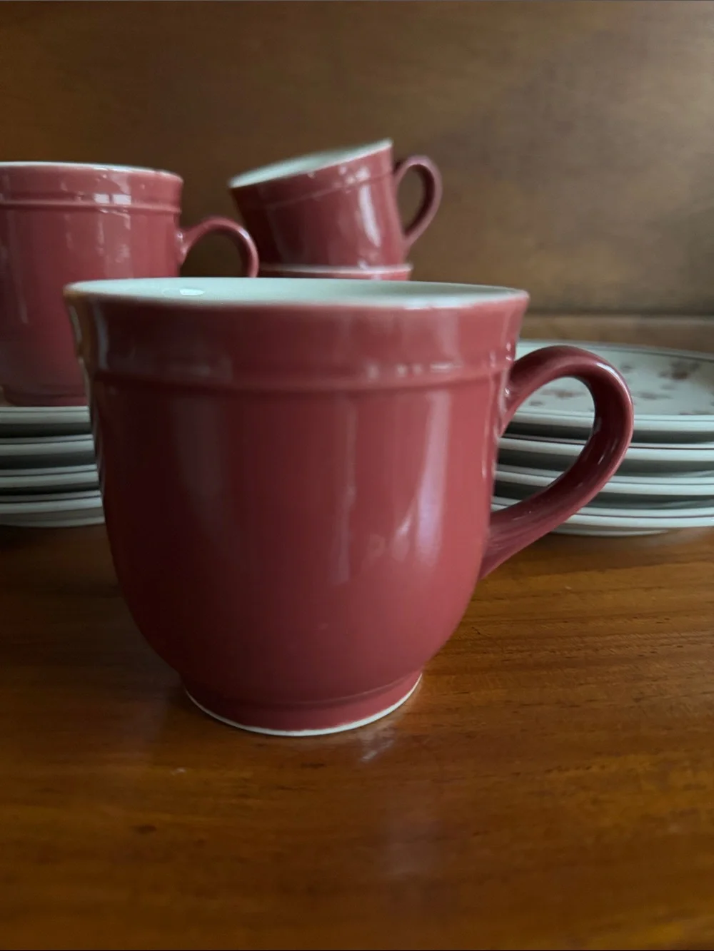 Burgundy Red Salad Plates, Teacups & Saucer Floral Newcor Stoneware 12 Pieces